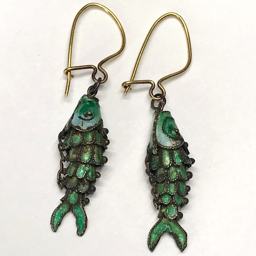 Antqiue Solid 14k Gold Kidney Wire Sterling Silver Articulated Fish Drop Earring